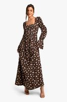 vestido maxi estilo corse estilo mesonera con mangas abullonadas y estampado de flores brown