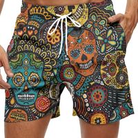 pantalones casuales con estampado digital de calaveras de estilo etnico para hombres con cordon y bolsillos para deportes de playa en verano