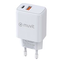 muvit for change cargador de pared 1 usb qc 30 18w  1 usb-c pd 25w blanco