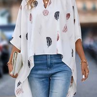 blusa con estampado de plumas dobladillo alto y bajo elegante cuello con muescas y manga media para primavera y otono ropa de mujer