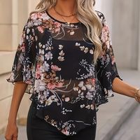 blusa de cuello redondo con estampado floral top casual de manga murcielago con dobladillo asimetrico de malla para primavera y verano ropa de mujer