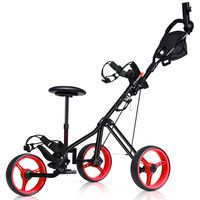 costway carrito de golf plegable con 3 ruedas y asiento mango de altura ajustable marcador paraguero freno de pie negro y rojo