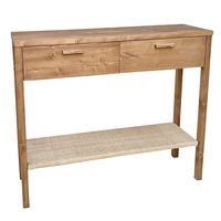 mesa de recibidor de madera tono roble 2 cajones y balda de rafia 80cm