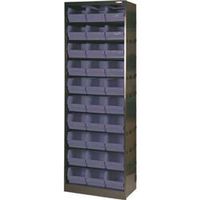 metal bin cupboard with 30 dark grey black polypropylene bins