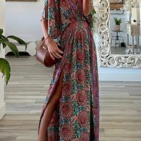 vestido largo de vacaciones con estampado floral de estilo boho elegante vestido maxi con abertura en el dobladillo y manga murcielago para vacaciones ropa de mujer