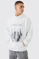 sudadera oversize recta con capucha y estampado de ciudad blanco