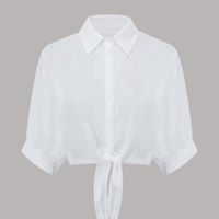 blusa de cuello solapa de color solido elegante blusa corta con botones delanteros y mangas medio acampanadas con cordones para primavera y verano ropa de mujer