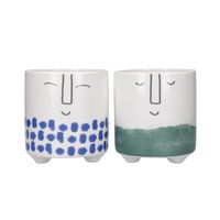 macetero de ceramica caras 2 piezas blanco azul verde