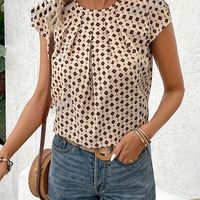 blusa estampada con cuello redondo blusa de manga corta con pliegues para vacaciones para primavera y verano ropa de mujer