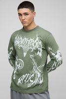 camiseta de manga larga con cuello extendido y estampado gotico a gran escala verde