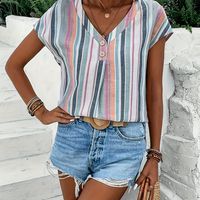 blusa estampada a rayas con botones delanteros blusa vintage de manga corta suelta para primavera y verano ropa de mujer