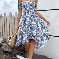 vestido con estampado floral hombros descubiertos y fruncido elegante vestido sin espalda con dobladillo asimetrico para primavera y verano ropa de mujer para vestir de fiesta