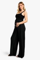 pantalon premama ancho plisado con cintura elastica y cordon elastico negro