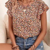 blusa de cuello redondo estampado floral elegante blusa de manga ondeada para primavera y verano ropa de mujer