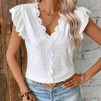 camiseta de encaje con escote en v y ojales blusa elegante con mangas de volantes para primavera y verano ropa de mujer