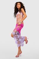 vestido maxi de croche premium con abertura frontal y estampado de flores pink