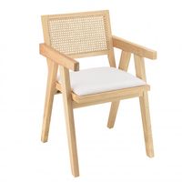 sillon de madera de hevea y tela blanca con respaldo de ratan