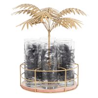 vasos de cristal x6 con motivo tropical en gris y verde caqui y soporte de palmera de metal dorado