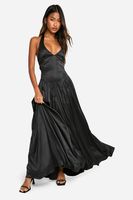 vestido maxi de raso estilo mesonera con escote halter negro