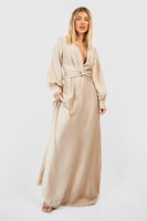 vestido maxi de raso con nudo frontal beige