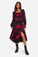 vestido midaxi estilo mesonera estilo corse con estampado de flores negro