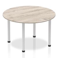 impulse 1200mm round table grey oak top silver post leg