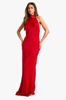 vestido maxi de raso con escote halter rojo