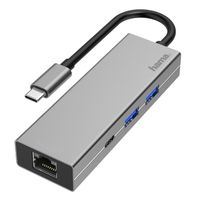 hama hub 4 puertos usb-c a usb-ausb-crj-45 gris