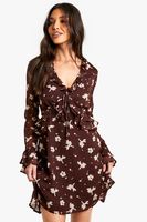 vestido mini de flores con volante en las mangas brown