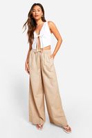 pantalon de pernera ancha y lino grueso beige