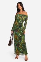 vestido petite maxi de malla con escote bardot y estampado verde