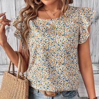 blusa de cuello redondo estampado floral elegante blusa de manga ondeada para primavera y verano ropa de mujer