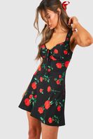 vestido lencero mini de raso con estampado de rosas negro