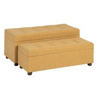 set de 2 banquetas baul con capitone de madera y tela mostaza