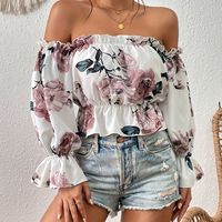 blusa de hombros descubiertos estampada floral blusa elegante con volantes para primavera y otono ropa de mujer