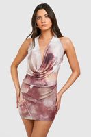 vestido mini abstracto con escote plisado frontal beige