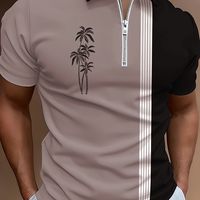 camisa de verano para hombre con estampado de arbol de coco rayas de bloques de color y cierre de cremallera en el cuello ropa de verano para hombre estilo casual y urbano