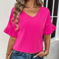 blusa solida con volantes en el cuello en v elegante blusa de media manga para primavera y verano ropa de mujer