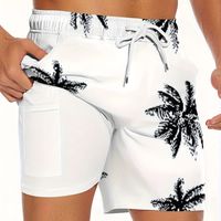 bermudas de doble capa con cordon y bolsillos para hombres con estampado de palmeras para el verano y deportes de playa