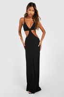 vestido maxi de canale y tirantes con abertura negro