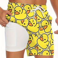 bermudas de secado rapido para hombres con estampado digital de patos de dibujos animados y diseno de doble capa con bolsillo para el telefono ideal para deportes de playa en verano