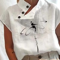 blusa de manga corta con cuello alto asimetrico y estampado de libelula elegante blusa con botones en la parte delantera ropa de mujer