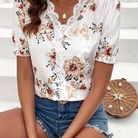 blusa de encaje con estampado floral y cuello en v elegante blusa de manga corta para primavera y verano ropa de mujer