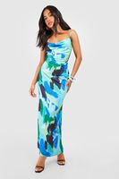 vestido petite maxi con escote plisado y estampado abstracto azul