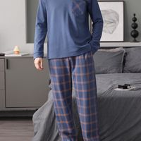 conjunto de pijama casual de algodon de estilo sencillo para hombre con top de manga larga y cuello redondo y pantalones sueltos a cuadros ideal para estar en casa o al aire libre