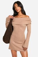 vestido petite mini de canale cardado con escote bardot beige