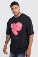 camiseta oversize con estampado grafico de corazon y estampado efecto marmol negro