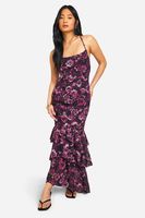 vestido petite maxi de chifon texturizado con volante y estampado de flores purple