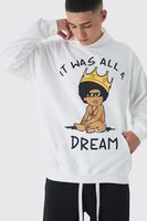 sudadera oversize recta con capucha y estampado de dibujos animados de biggie blanco