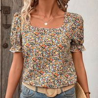 blusa de cuello cuadrado estampado floral top de manga abullonada estilo vacacional para primavera y verano ropa de mujer